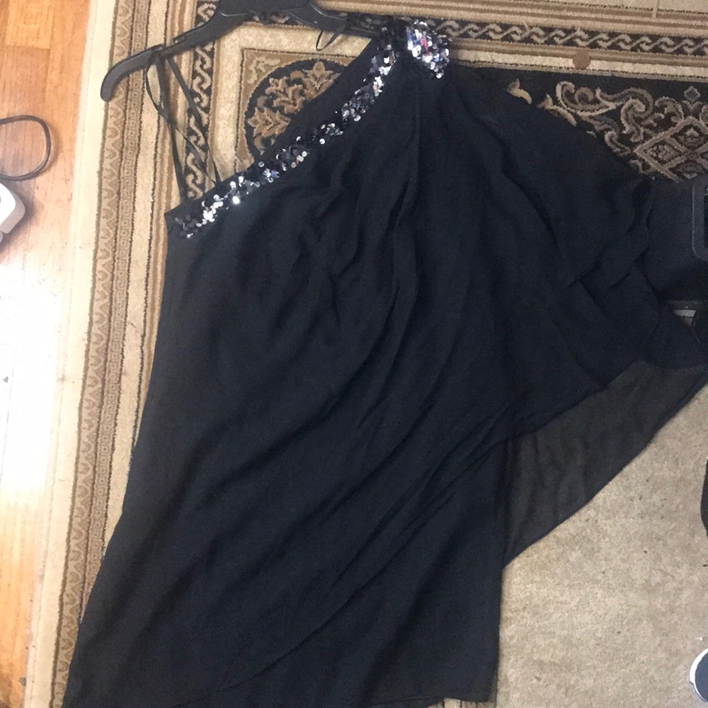 Black one shoulder dress with silver sequins